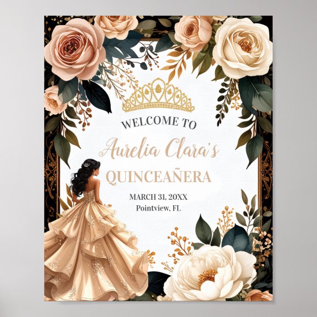 Blush Champagne Ivory Floral Princess Quinceanera Poster (Front)