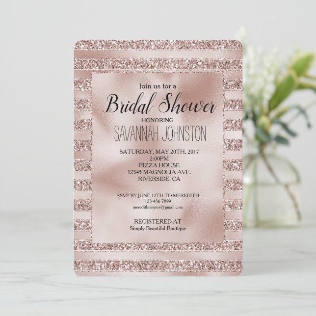 Blush Champagne Pink Glitter Glam Stripes    Invitation (Standing Front)