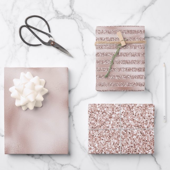 Blush Champagne Pink Glitter Glam Stripes       Wrapping Paper Sheet (Front)