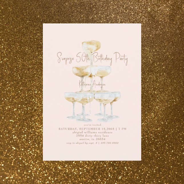 Blush Champagne Tower Surprise 50th Birthday Party Invitation (Creator Uploaded)