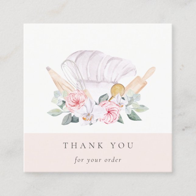 Blush Chef Hat Catering Floral Whisk Thank You Square Business Card (Front)