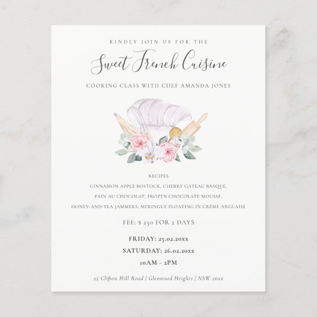 Blush Chef Hat Floral Whisk Bakery Cooking Class Flyer (Front)