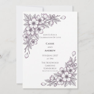 Blush Cherry Blossom Line Art Wedding Invitation