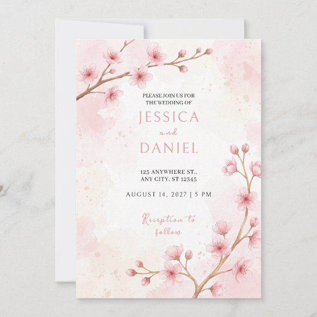 Blush Cherry Blossom Watercolor Wedding Invitation (Front)