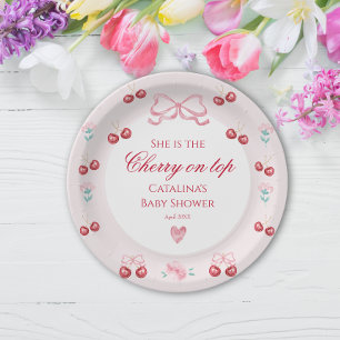 Blush Cherry On Top Baby Shower Party Paper Plate