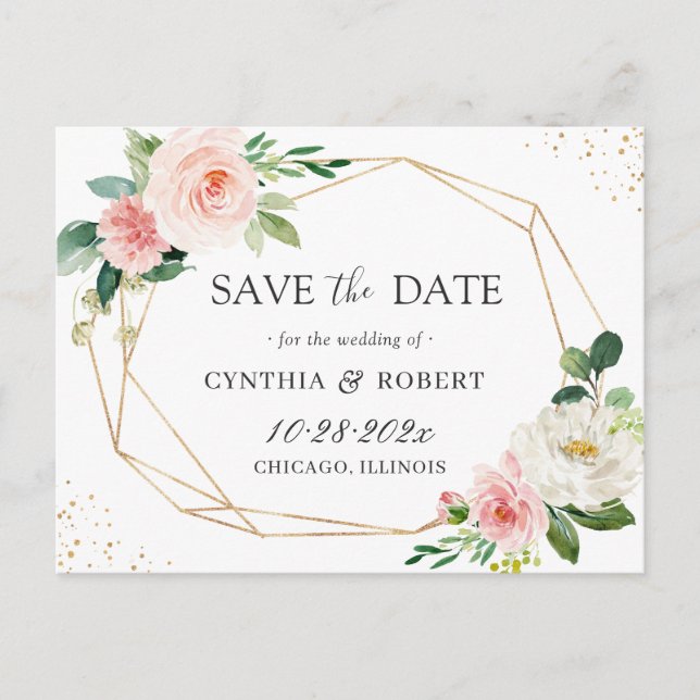 Blush Chic Floral Gold Geometric Save the Date Postcard (Front)