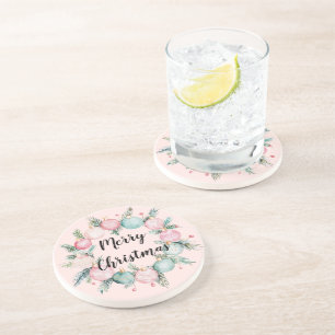 Blush Christmas Mint Pink Ornament Wreath  Coaster