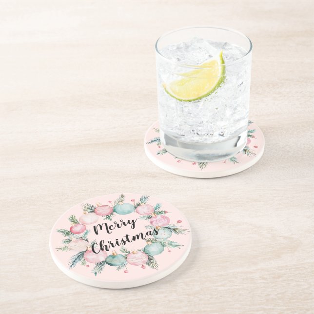 Blush Christmas Mint Pink Ornament Wreath  Coaster (Side)