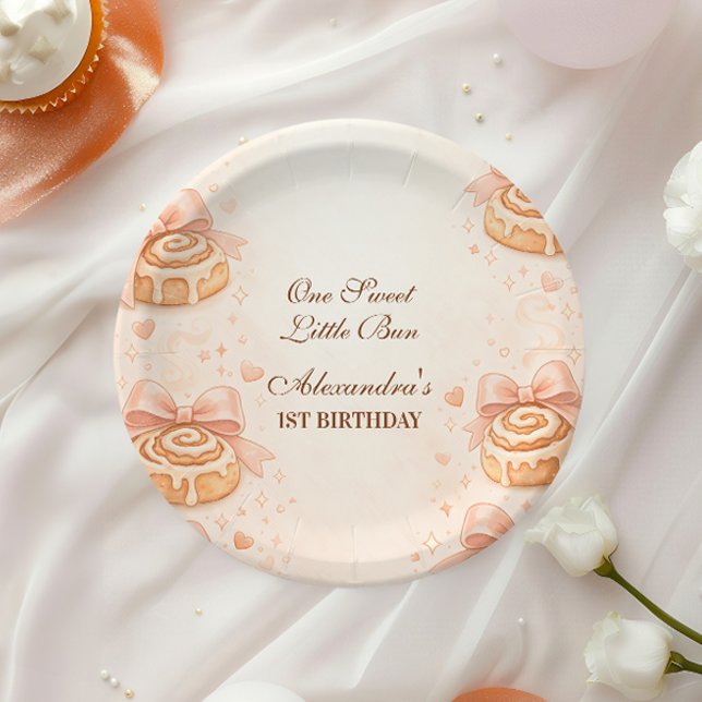 Blush Cinnamon Bow Little Bun 1st Birthday Paper Plate (Creator Uploaded)