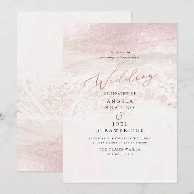 Blush Coastal+Champagne Bubbles Elegant Wedding Invitation (Front/Back)
