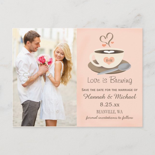 Blush Coffee Cup Monogram Heart Save the Date Announcement Postcard (Front)