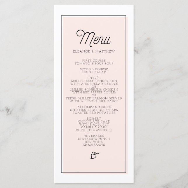 Blush Colour Block Minimalist Wedding Menu (Front)