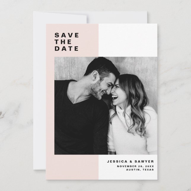 Blush Colour Block with Modern Typography Photo Save The Date (Front)