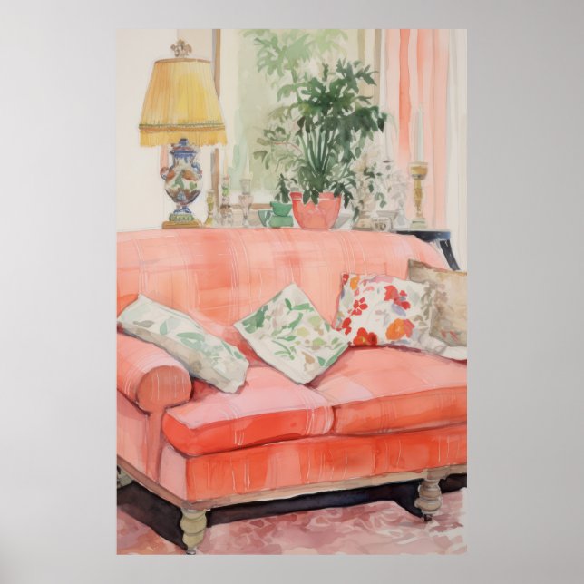 Blush Comfort – Watercolor Pink Couch Living Room Poster (Front)