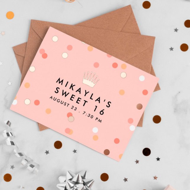 Blush Confetti Crown Sweet 16 Birthday Party Foil Invitation Postcard (Creator Uploaded)