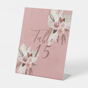 Blush Copper Tropical Pampas Wedding Table Number Pedestal Sign