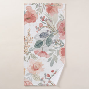 Blush Coral Garden Floral Watercolor Pattern Bath Towel