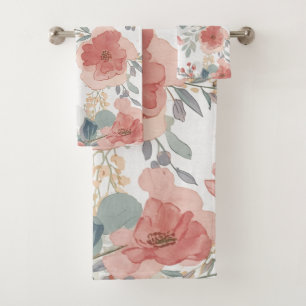 Blush Coral Garden Floral Watercolor Pattern Bath Towel Set