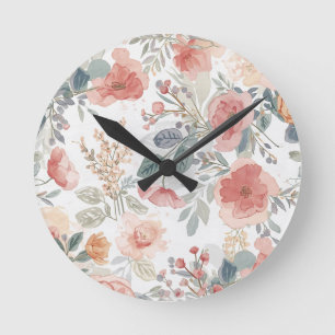 Blush Coral Garden Floral Watercolor Pattern Round Clock