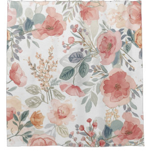 Blush Coral Garden Floral Watercolor Pattern Shower Curtain