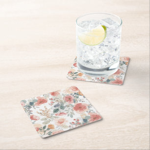 Blush Coral Garden Floral Watercolor Pattern Square Paper Coaster