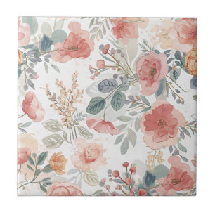 Blush Coral Garden Floral Watercolor Pattern Tile