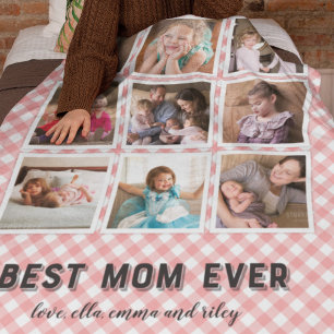 Blush Coral Gingham Best Mom Ever Photo Collage Fleece Blanket