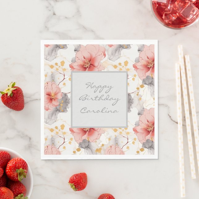 Blush Coral Grey Floral Birthday Napkin (Insitu)