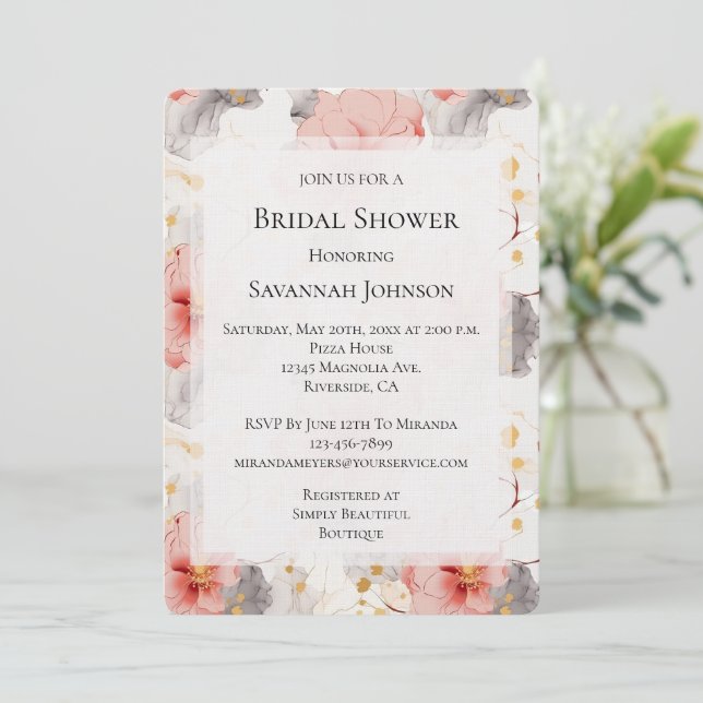Blush Coral Grey Floral Bridal Shower  Invitation (Standing Front)