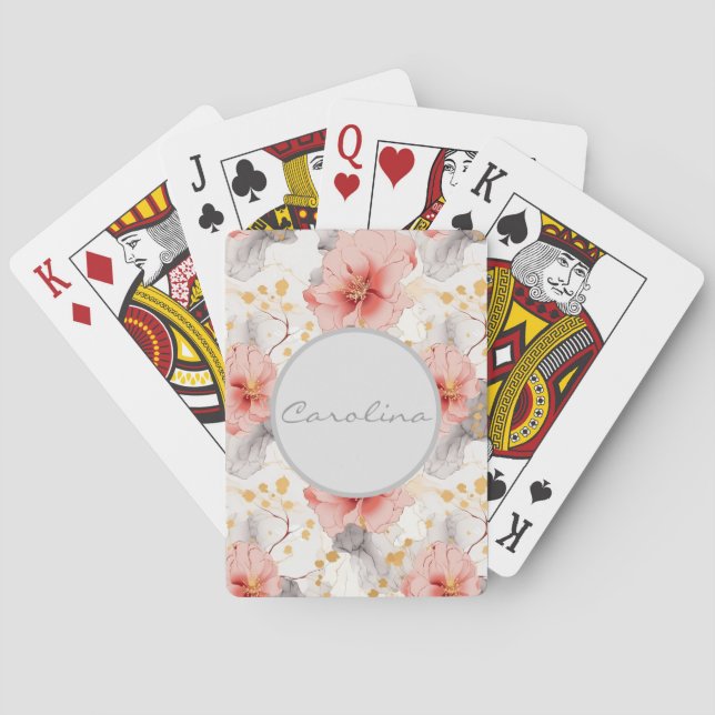Blush Coral Grey Floral Playing Cards (Back)