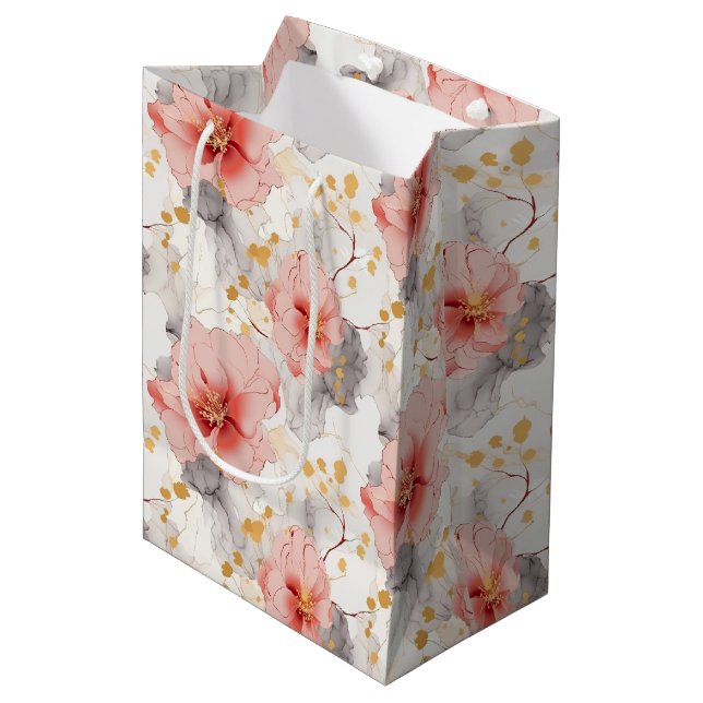 Blush Coral Grey Floral Wedding Medium Gift Bag (Front Angled)
