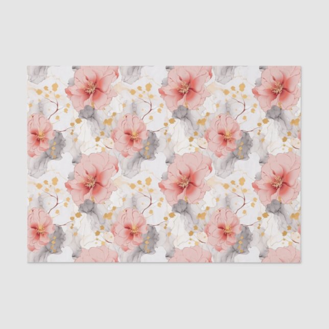 Blush Coral Grey Floral Wedding Tissue Paper (Front)