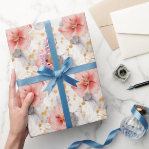 Blush Coral Grey Floral Wedding Wrapping Paper