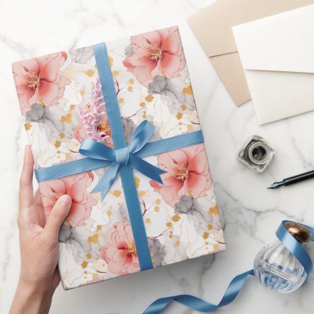 Blush Coral Grey Floral Wedding Wrapping Paper (Gifting)