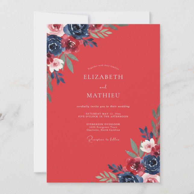 Blush Coral Indigo Painted Wedding Invitation (Front)