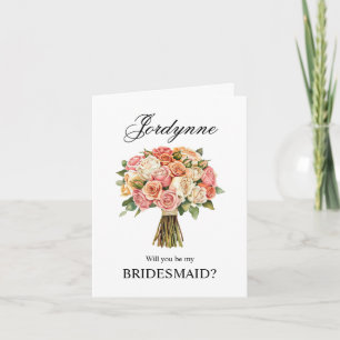 Blush + Coral Roses Bouquet Bridesmaid Proposal Card