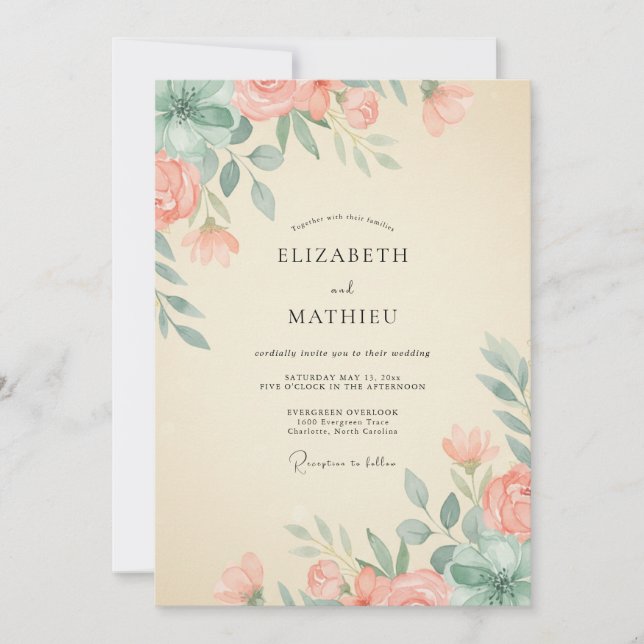 Blush Coral Seafoam Peony Wedding Invitation (Front)