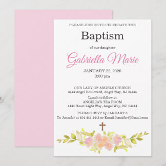 Blush Coral Watercolor Cross Baptism Invitation