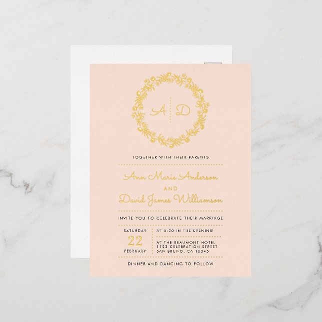 Blush | Country Floral Wreath Wedding Foil Invitation Postcard (Front/Back)