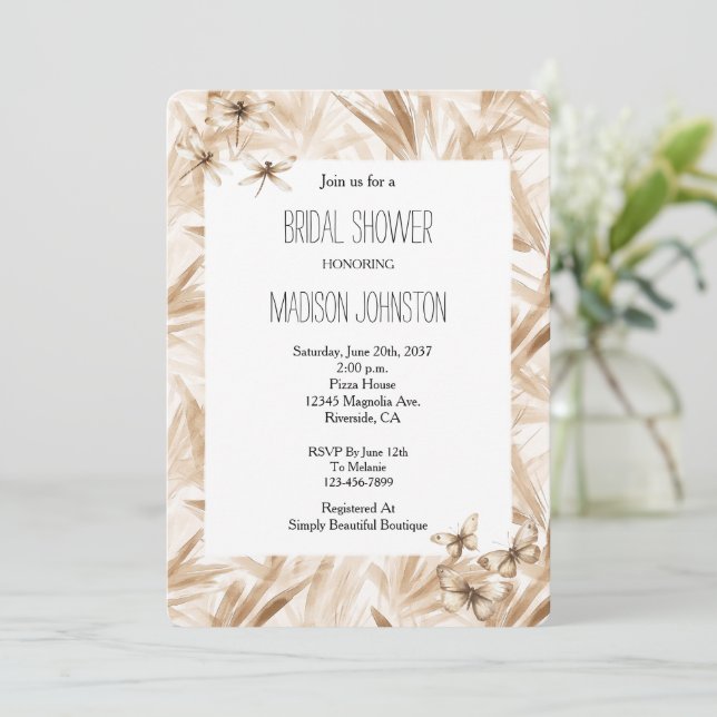 Blush Cream Butterflies Dragonflies Bridal Shower Invitation (Standing Front)