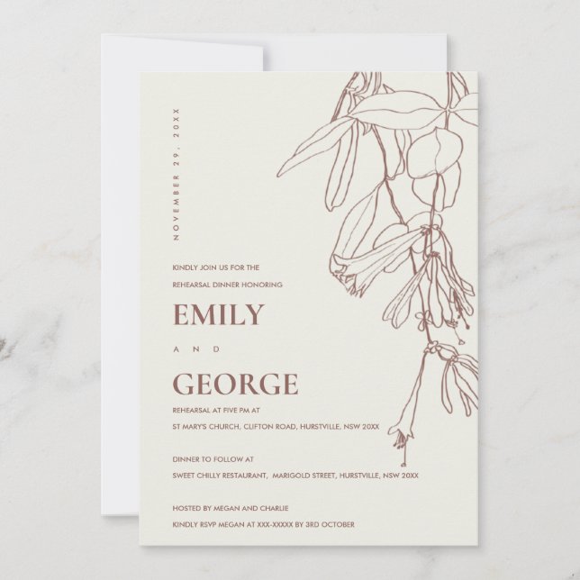 BLUSH CREAM DRAWING FLORAL REHEARSAL DINNER INVITE (Front)