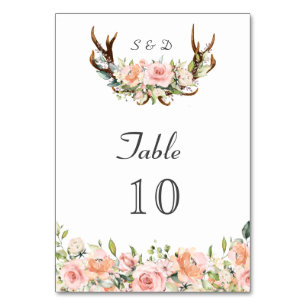 Blush Cream Floral Antlers Handwriting Wedding Table Number