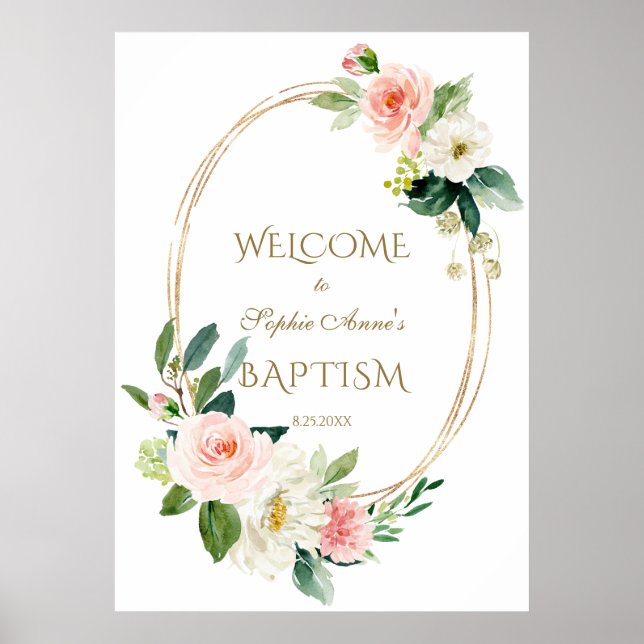 Blush Cream Floral Gold Frame Welcome Wedding Sign (Front)