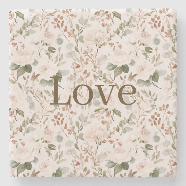 Blush Cream Floral Love   Stone Coaster (Front)
