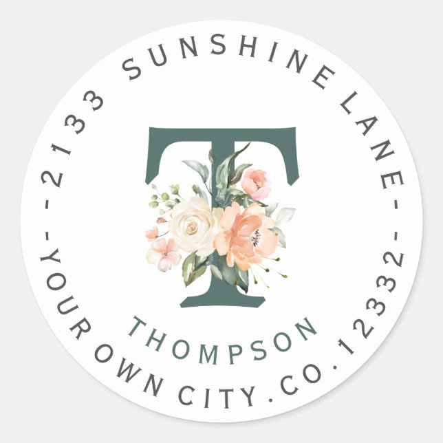 Blush Cream Floral Monogram Circular Address Label (Front)