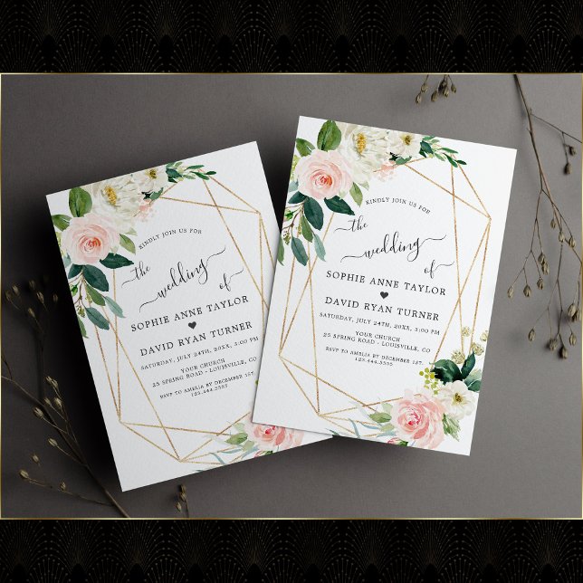 Blush Cream Flowers Gold Calligraphy Wedding Invitation (Creator Uploaded)