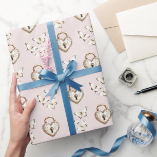 Blush Cream Heart Locks & Butterflies Birthday Wrapping Paper