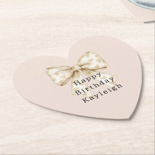 Blush Cream Hearts Bows Birthday Paper Coaster