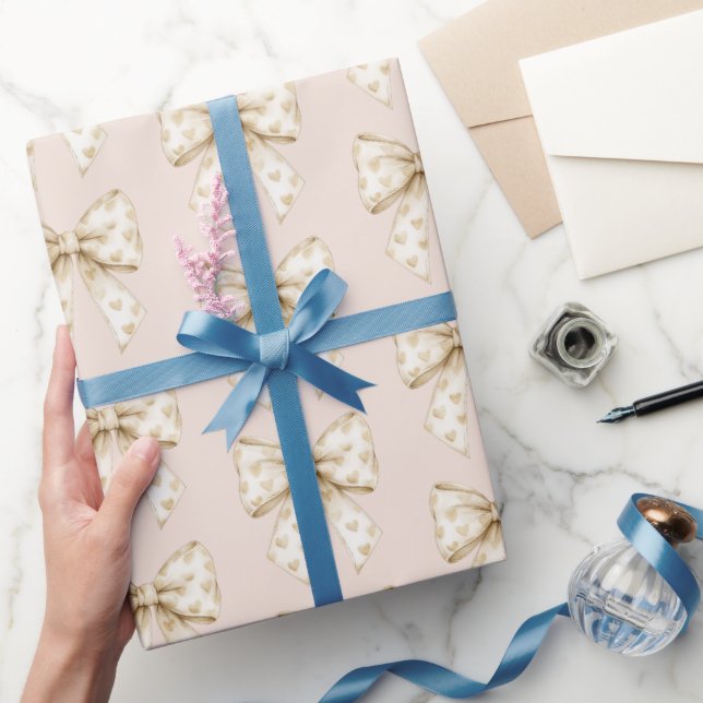 Blush Cream Hearts Bows Birthday Wrapping Paper (Gifting)
