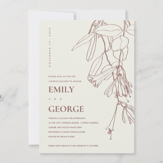 BLUSH CREAM LINE DRAWING FLORA COUPLE SHOWER CARD (Front)
